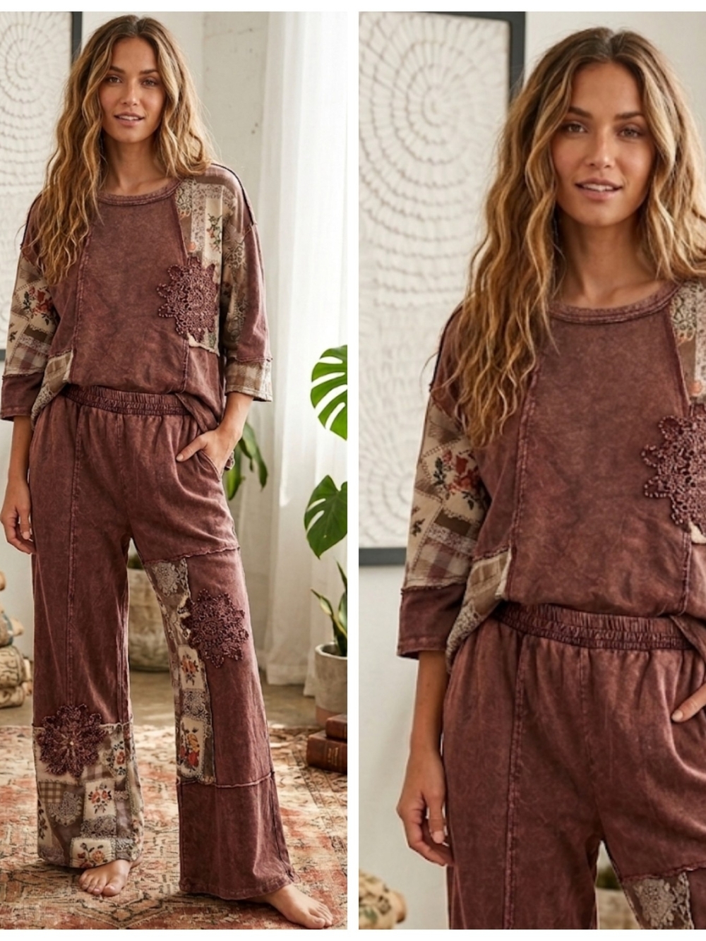 Women's Patchwork Wide-Leg Pants & Top Set - Rust
